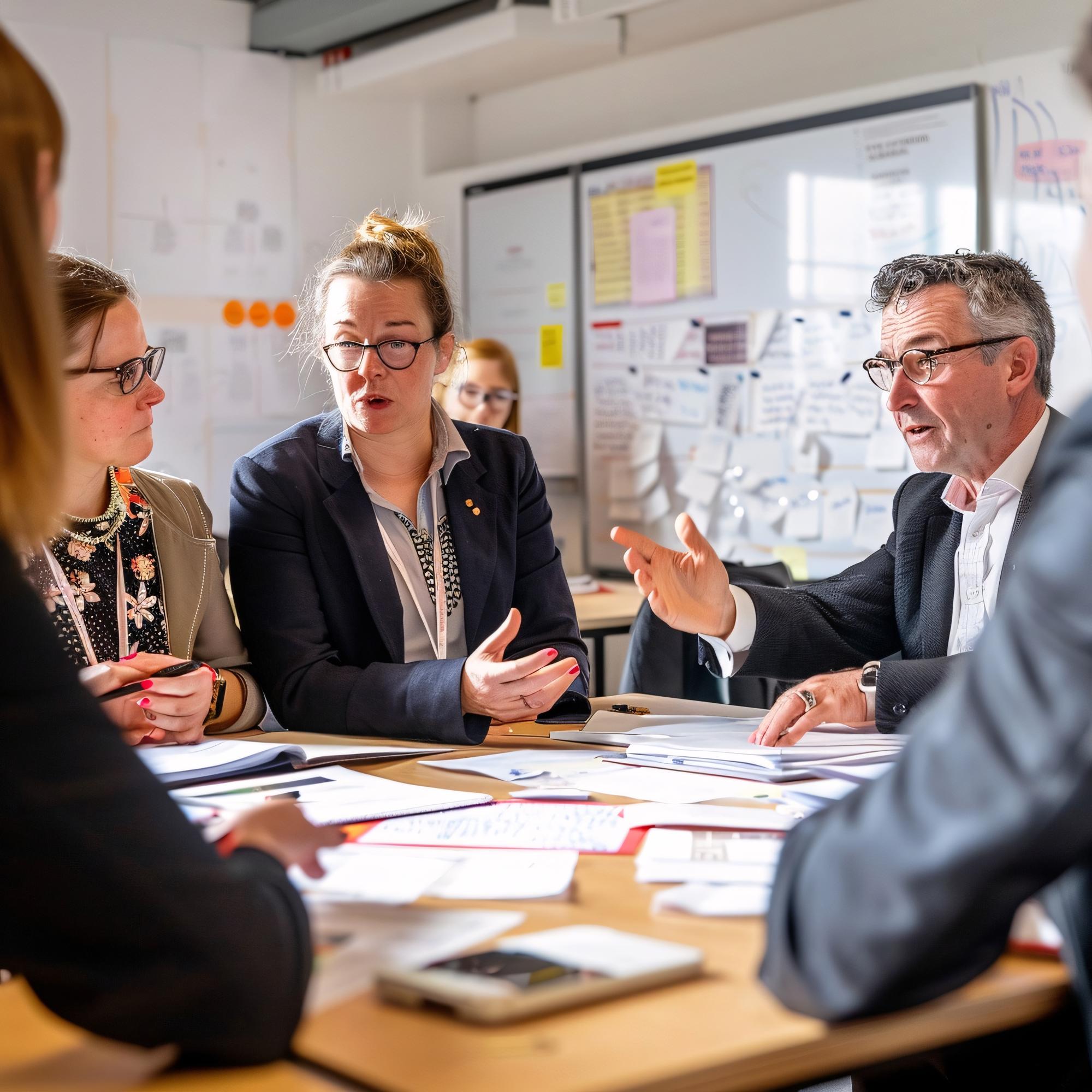 Risk assessment review session with consultants evaluating organizational compliance frameworks